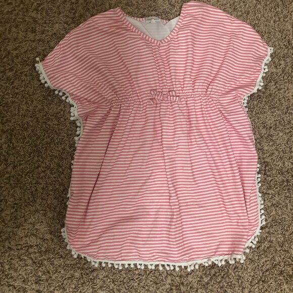 The Original Flap Happy Swimsuit Coverup 5/6 Pink Striped White Pom Pom Trim - Picture 1 of 3
